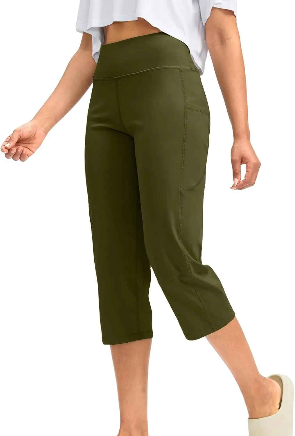 Binmer Women's Yoga Capris Pants High Waist Leggings Crop Straight Leg Athletic Exercise Workout Capris Trousers with Pockets