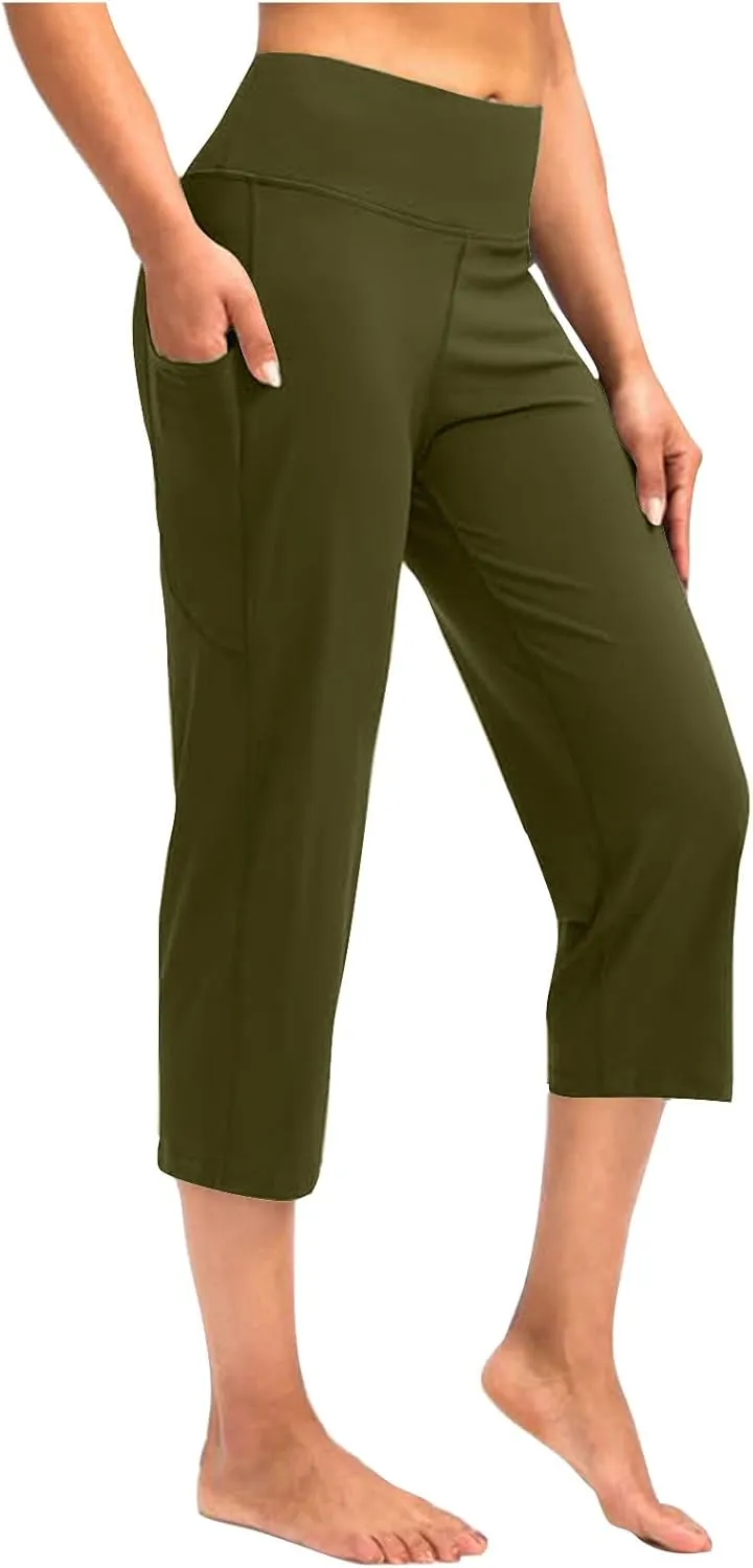 Binmer Women's Yoga Capris Pants High Waist Leggings Crop Straight Leg Athletic Exercise Workout Capris Trousers with Pockets