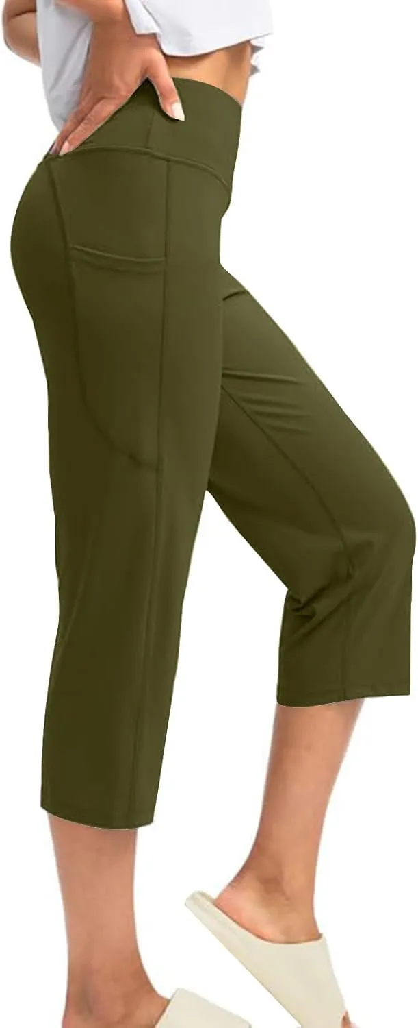Binmer Women's Yoga Capris Pants High Waist Leggings Crop Straight Leg Athletic Exercise Workout Capris Trousers with Pockets