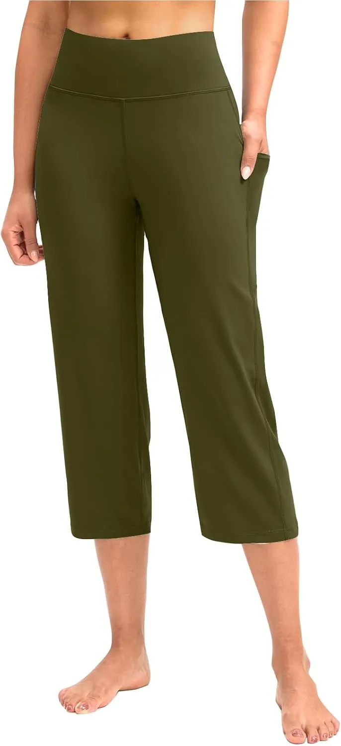 Binmer Women's Yoga Capris Pants High Waist Leggings Crop Straight Leg Athletic Exercise Workout Capris Trousers with Pockets