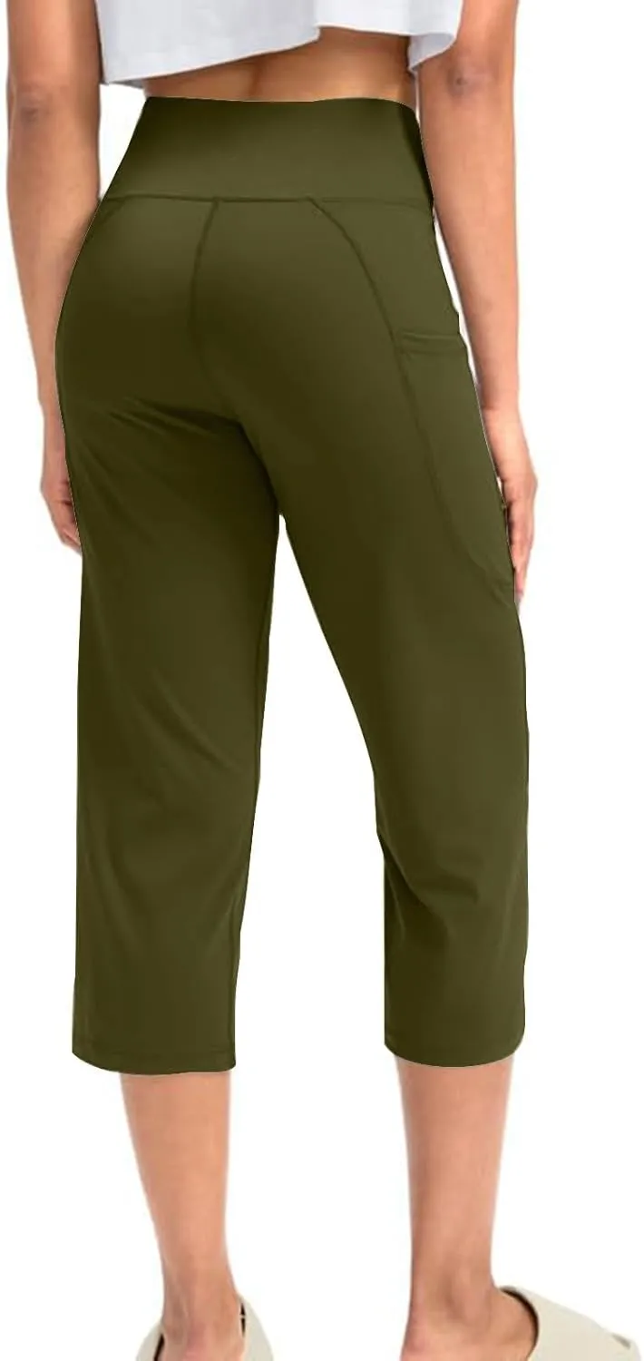 Binmer Women's Yoga Capris Pants High Waist Leggings Crop Straight Leg Athletic Exercise Workout Capris Trousers with Pockets
