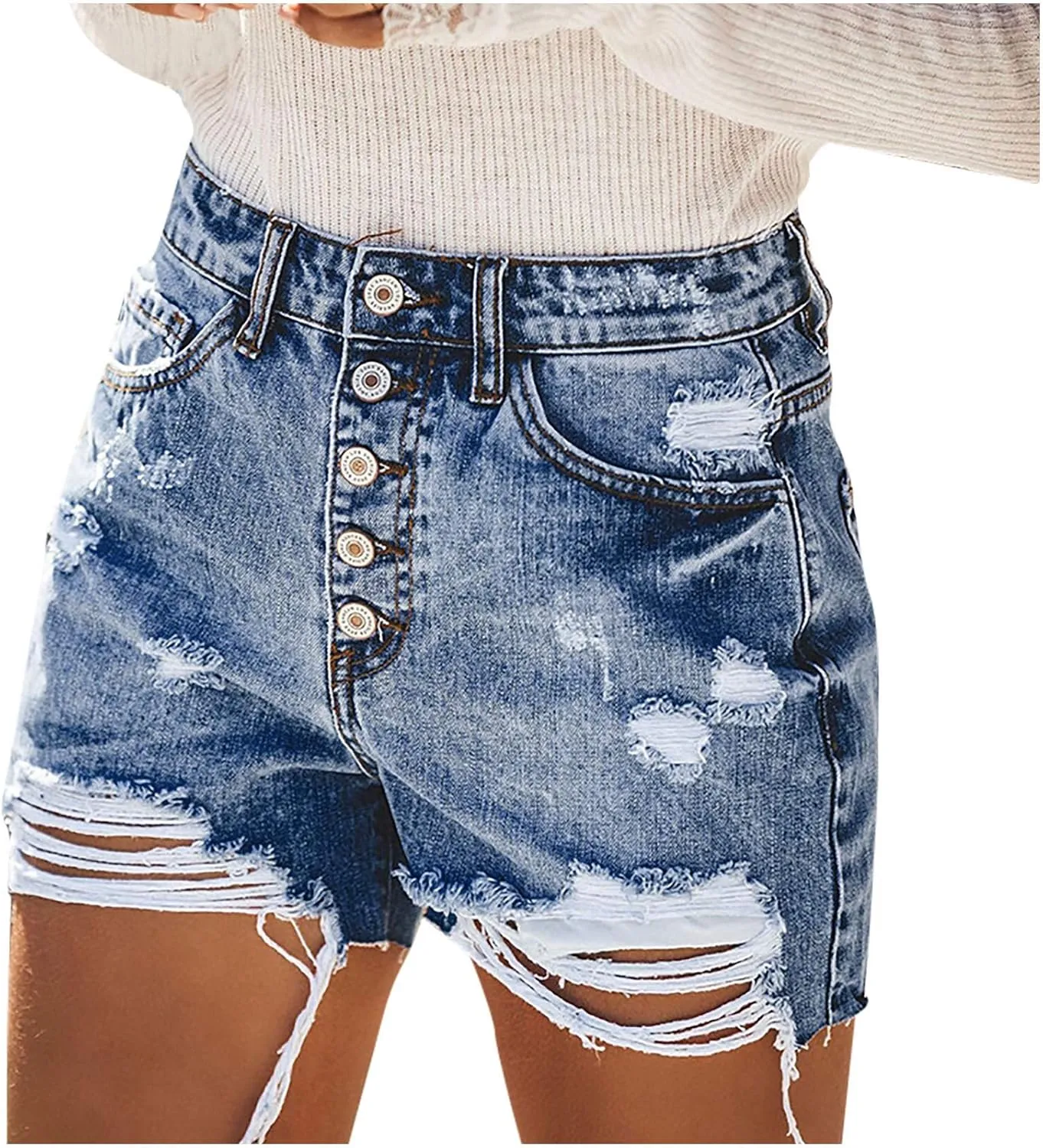Denim Shorts Women Mid Rise Ripped Hole Stretchable Distressed Jean Shorts Pure Color Trendy Frayed Hem Hot Shorts