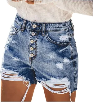 Denim Shorts Women Mid Rise Ripped Hole Stretchable Distressed Jean Shorts Pure Color Trendy Frayed Hem Hot Shorts