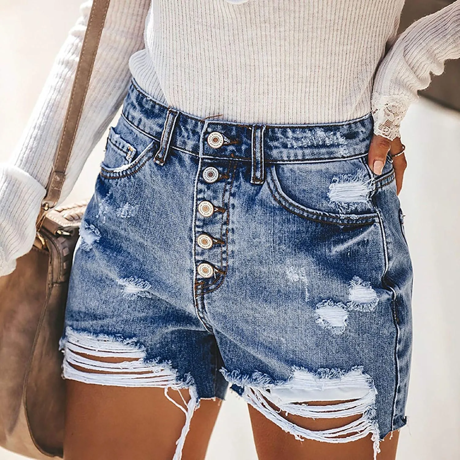 Denim Shorts Women Mid Rise Ripped Hole Stretchable Distressed Jean Shorts Pure Color Trendy Frayed Hem Hot Shorts