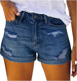 Denim Shorts Women Stretchy Cute Ripped High Waisted Mom Jean Shorts Plain Color Rolled Hem Slim Shorts Summer Shorts for Women