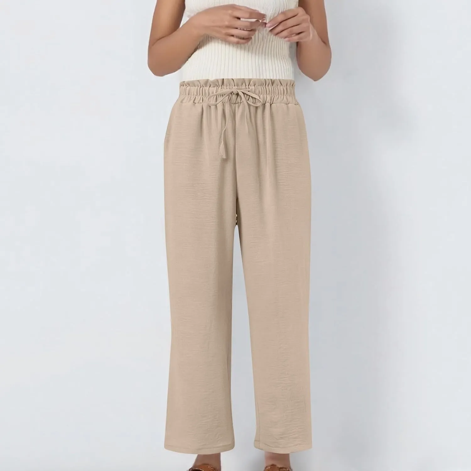 fanmpghleoo Cropped Linen Pants Women Summer Boho Beach Wide Leg Palazzo Pants Business Casual Linen Trousers with Pockets