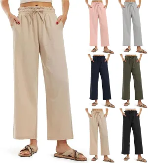 fanmpghleoo Cropped Linen Pants Women Summer Boho Beach Wide Leg Palazzo Pants Business Casual Linen Trousers with Pockets