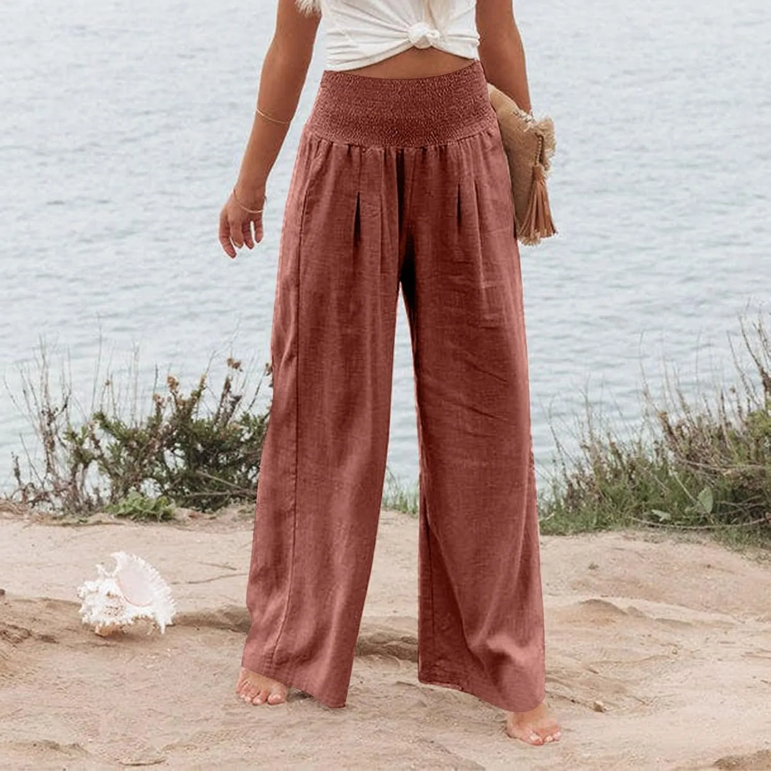 fanmpghleoo Wide Leg Linen Pants for Women Casual Plus Size Linen Palazzo Pants Elastic High Waisted Linen Pants Women Summer