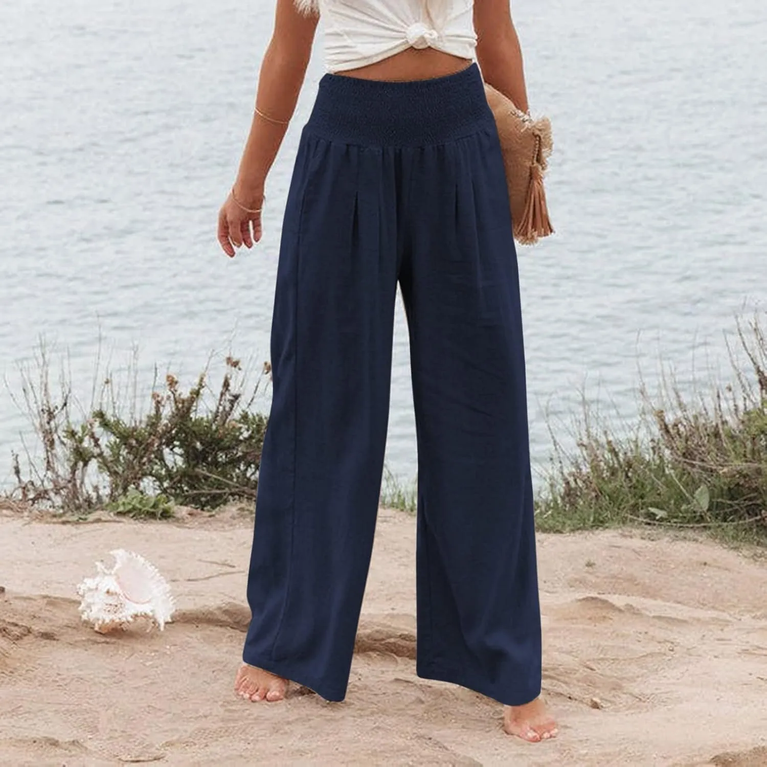 fanmpghleoo Wide Leg Linen Pants for Women Casual Plus Size Linen Palazzo Pants Elastic High Waisted Linen Pants Women Summer