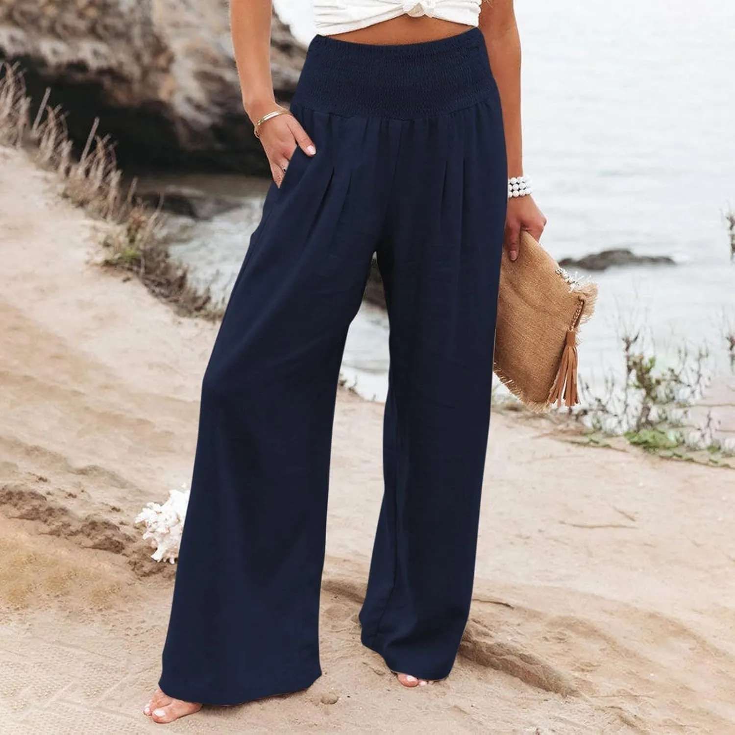 fanmpghleoo Wide Leg Linen Pants for Women Casual Plus Size Linen Palazzo Pants Elastic High Waisted Linen Pants Women Summer