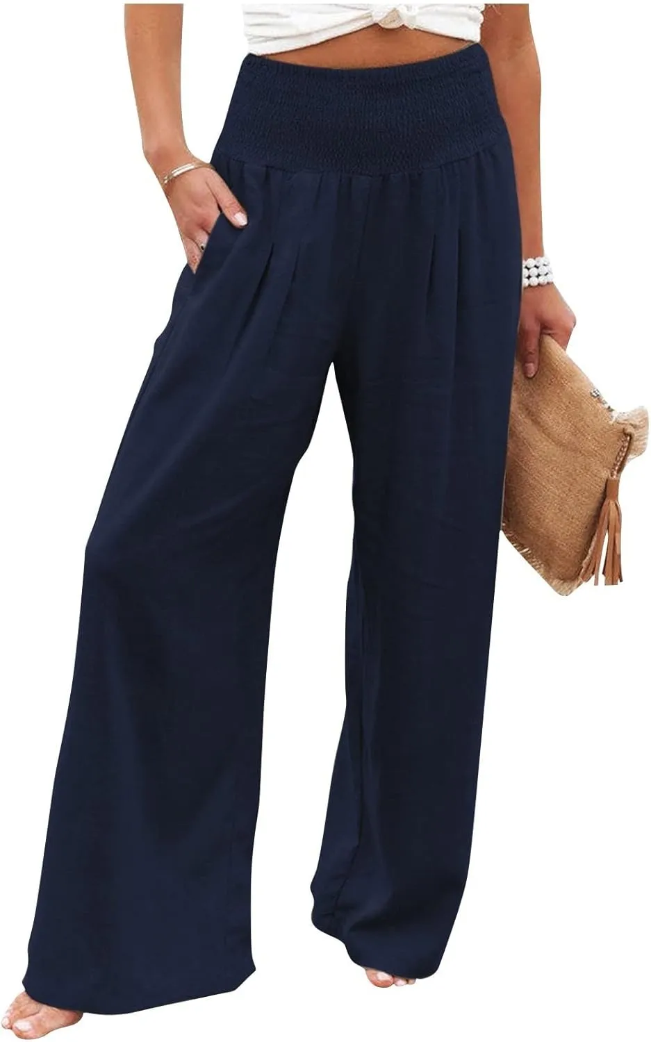 fanmpghleoo Wide Leg Linen Pants for Women Casual Plus Size Linen Palazzo Pants Elastic High Waisted Linen Pants Women Summer