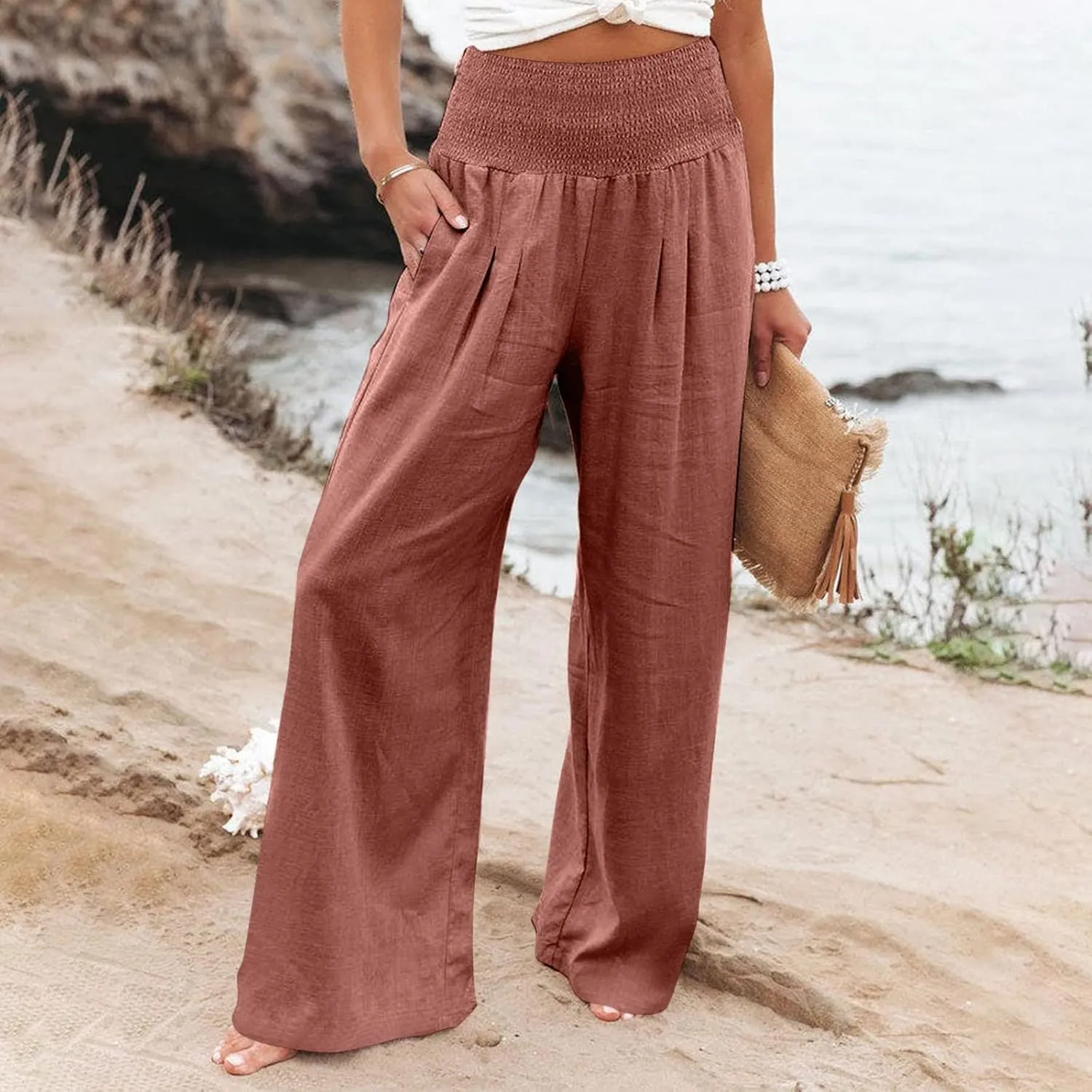 fanmpghleoo Wide Leg Linen Pants for Women Casual Plus Size Linen Palazzo Pants Elastic High Waisted Linen Pants Women Summer