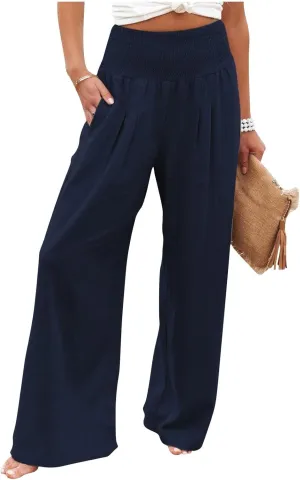 fanmpghleoo Wide Leg Linen Pants for Women Casual Plus Size Linen Palazzo Pants Elastic High Waisted Linen Pants Women Summer