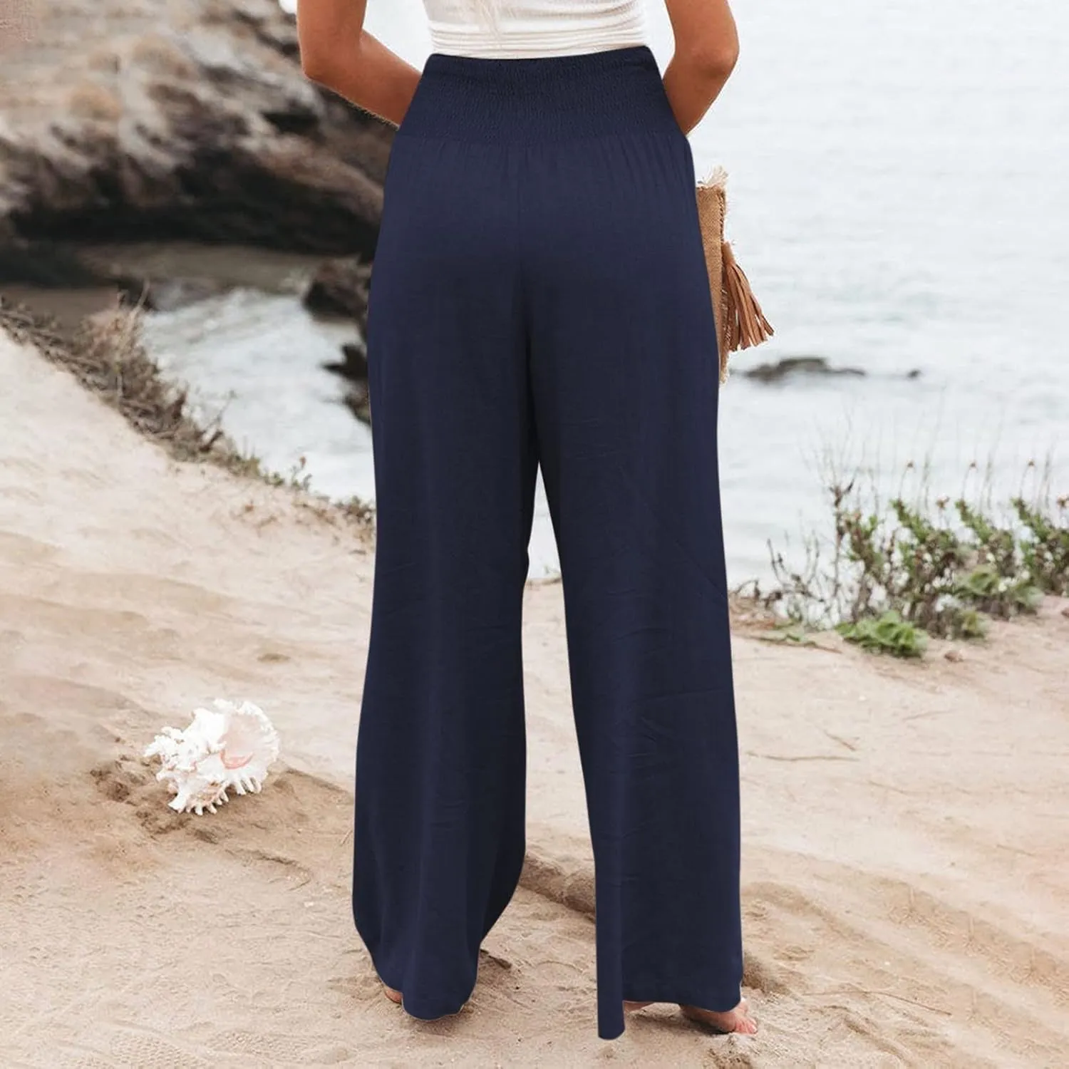 fanmpghleoo Wide Leg Linen Pants for Women Casual Plus Size Linen Palazzo Pants Elastic High Waisted Linen Pants Women Summer