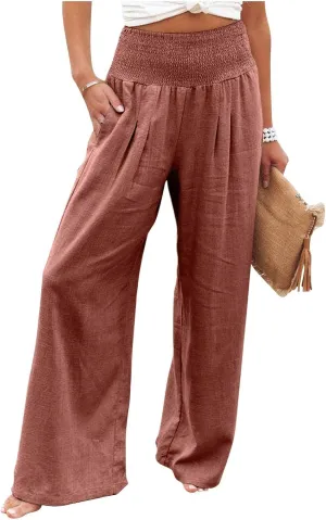 fanmpghleoo Wide Leg Linen Pants for Women Casual Plus Size Linen Palazzo Pants Elastic High Waisted Linen Pants Women Summer
