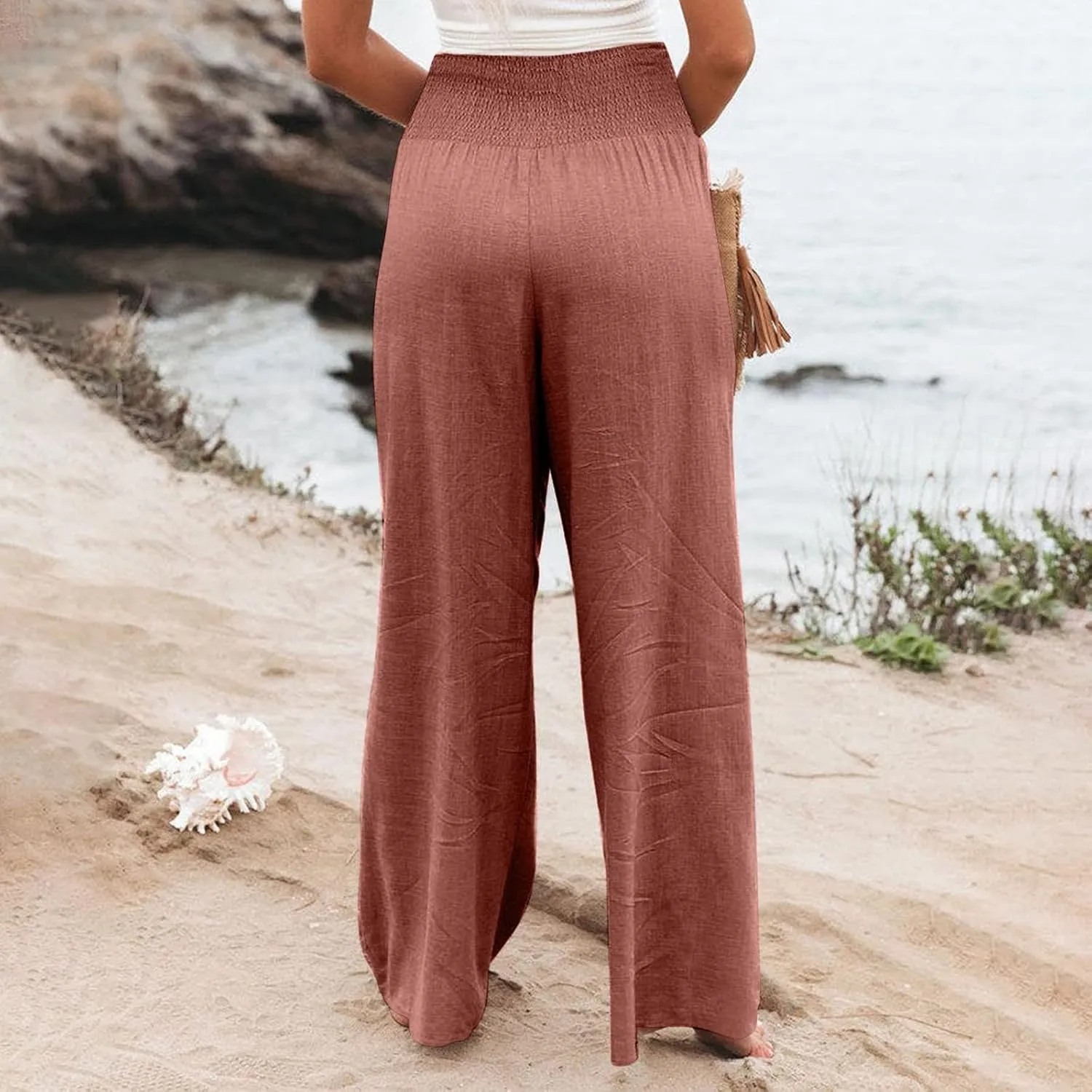 fanmpghleoo Wide Leg Linen Pants for Women Casual Plus Size Linen Palazzo Pants Elastic High Waisted Linen Pants Women Summer