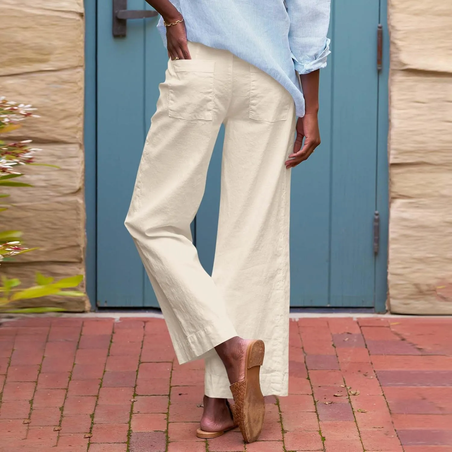 fanmpghleoo Wide Leg Linen Pants for Women Cropped High Waisted Dress Pants Trendy Casual Linen Trousers Pants with Pockets