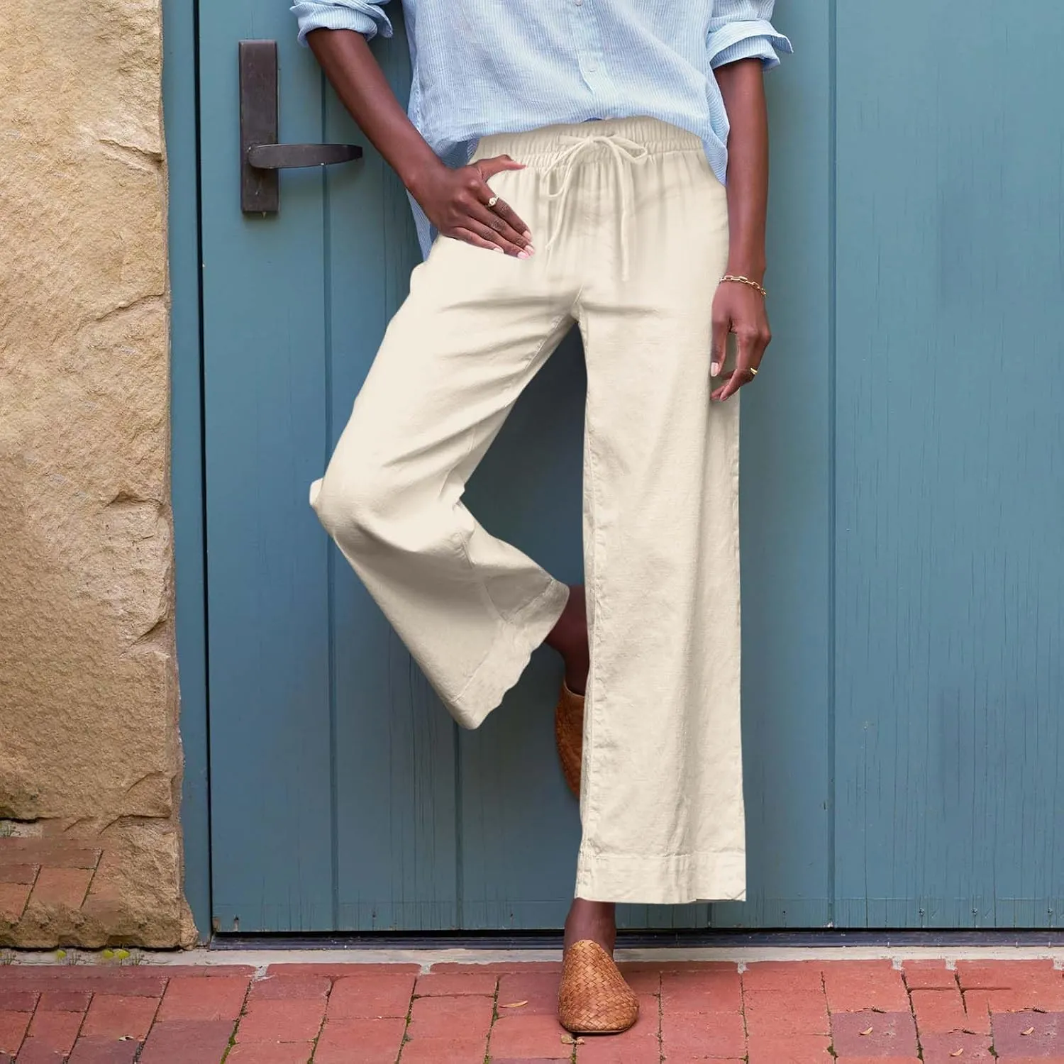 fanmpghleoo Wide Leg Linen Pants for Women Cropped High Waisted Dress Pants Trendy Casual Linen Trousers Pants with Pockets