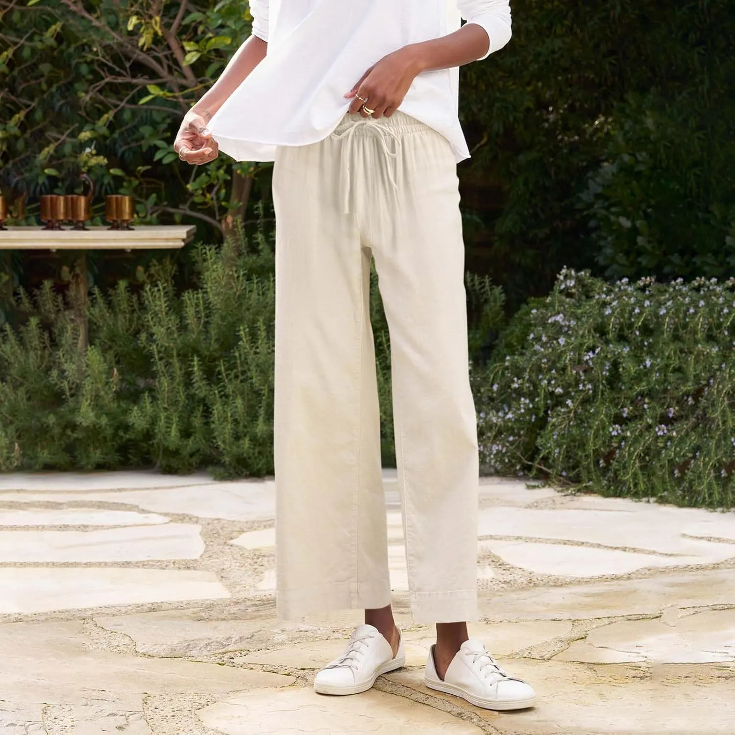 fanmpghleoo Wide Leg Linen Pants for Women Cropped High Waisted Dress Pants Trendy Casual Linen Trousers Pants with Pockets