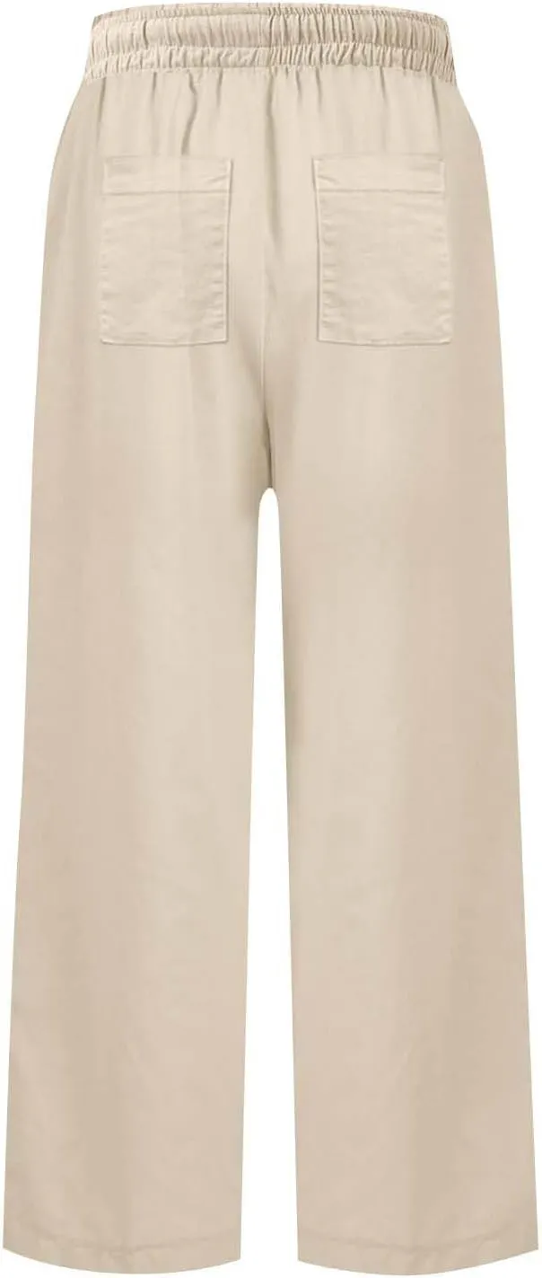 fanmpghleoo Wide Leg Linen Pants for Women Cropped High Waisted Dress Pants Trendy Casual Linen Trousers Pants with Pockets