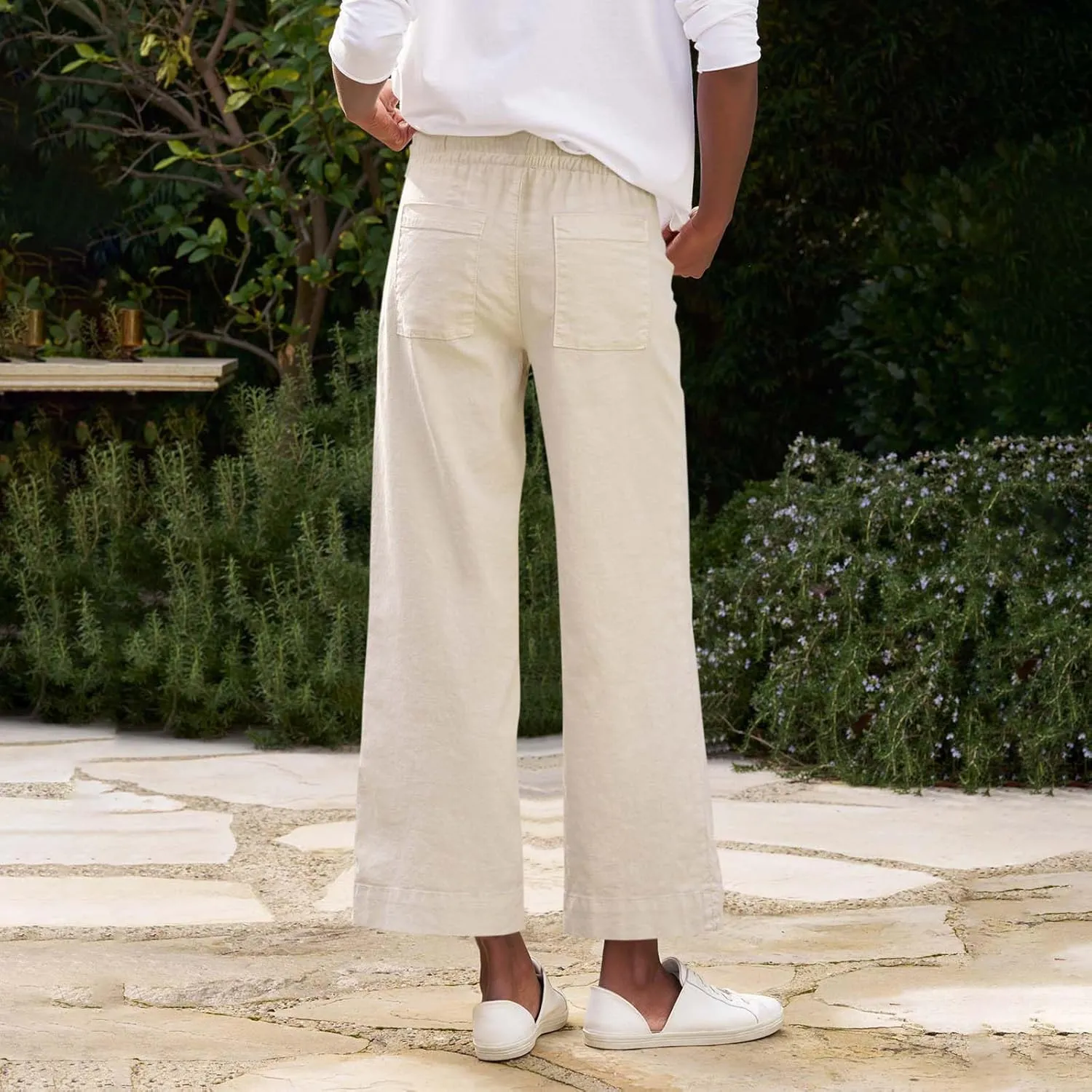 fanmpghleoo Wide Leg Linen Pants for Women Cropped High Waisted Dress Pants Trendy Casual Linen Trousers Pants with Pockets