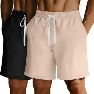 Ficerd 2 Pack Men's Big and Tall Linen Shorts Cotton Casual Elastic Waist Drawstring Summer Beach Shorts with Pockets