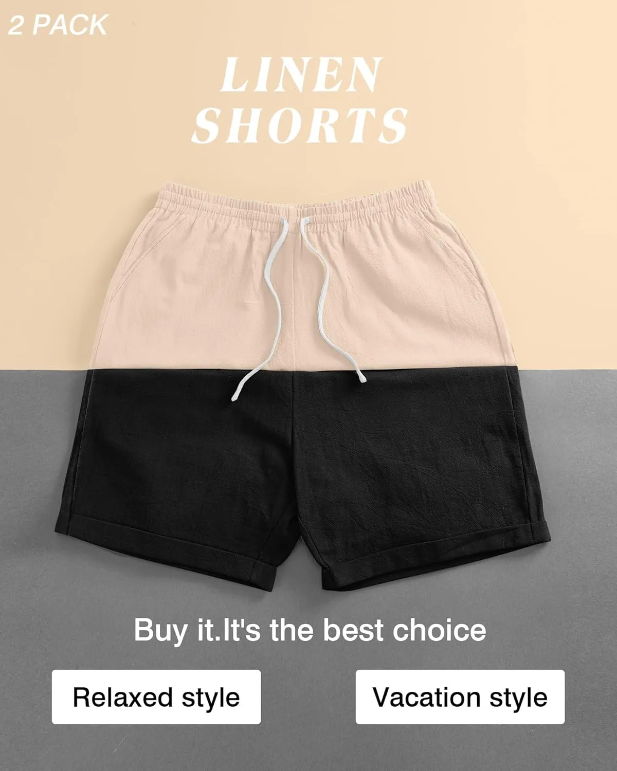 Ficerd 2 Pack Men's Big and Tall Linen Shorts Cotton Casual Elastic Waist Drawstring Summer Beach Shorts with Pockets