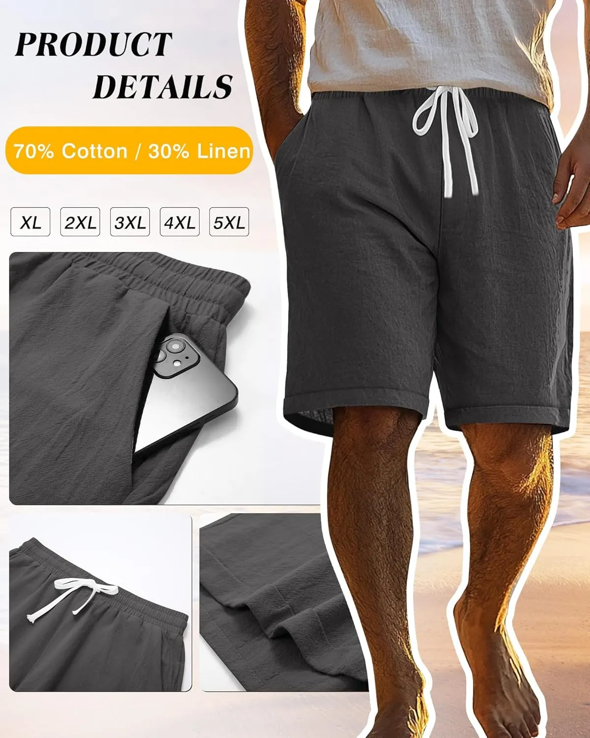 Ficerd 2 Pack Men's Big and Tall Linen Shorts Cotton Casual Elastic Waist Drawstring Summer Beach Shorts with Pockets
