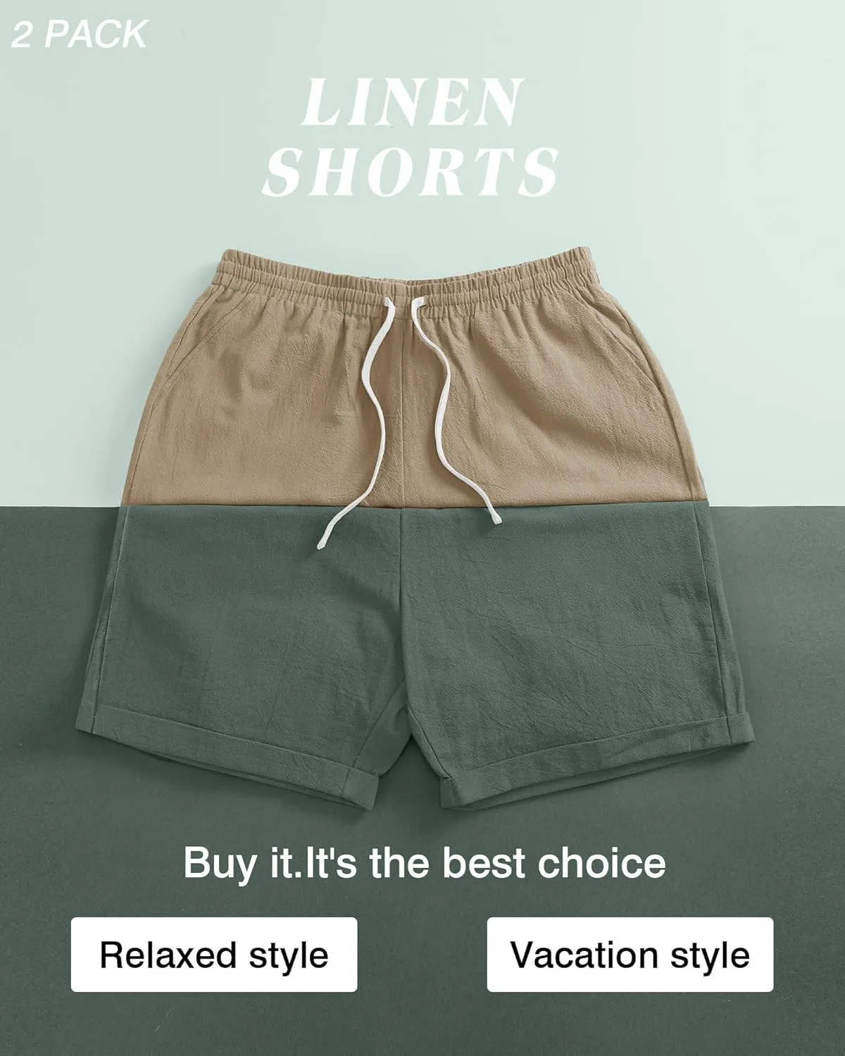 Ficerd 2 Pack Men's Big and Tall Linen Shorts Cotton Casual Elastic Waist Drawstring Summer Beach Shorts with Pockets