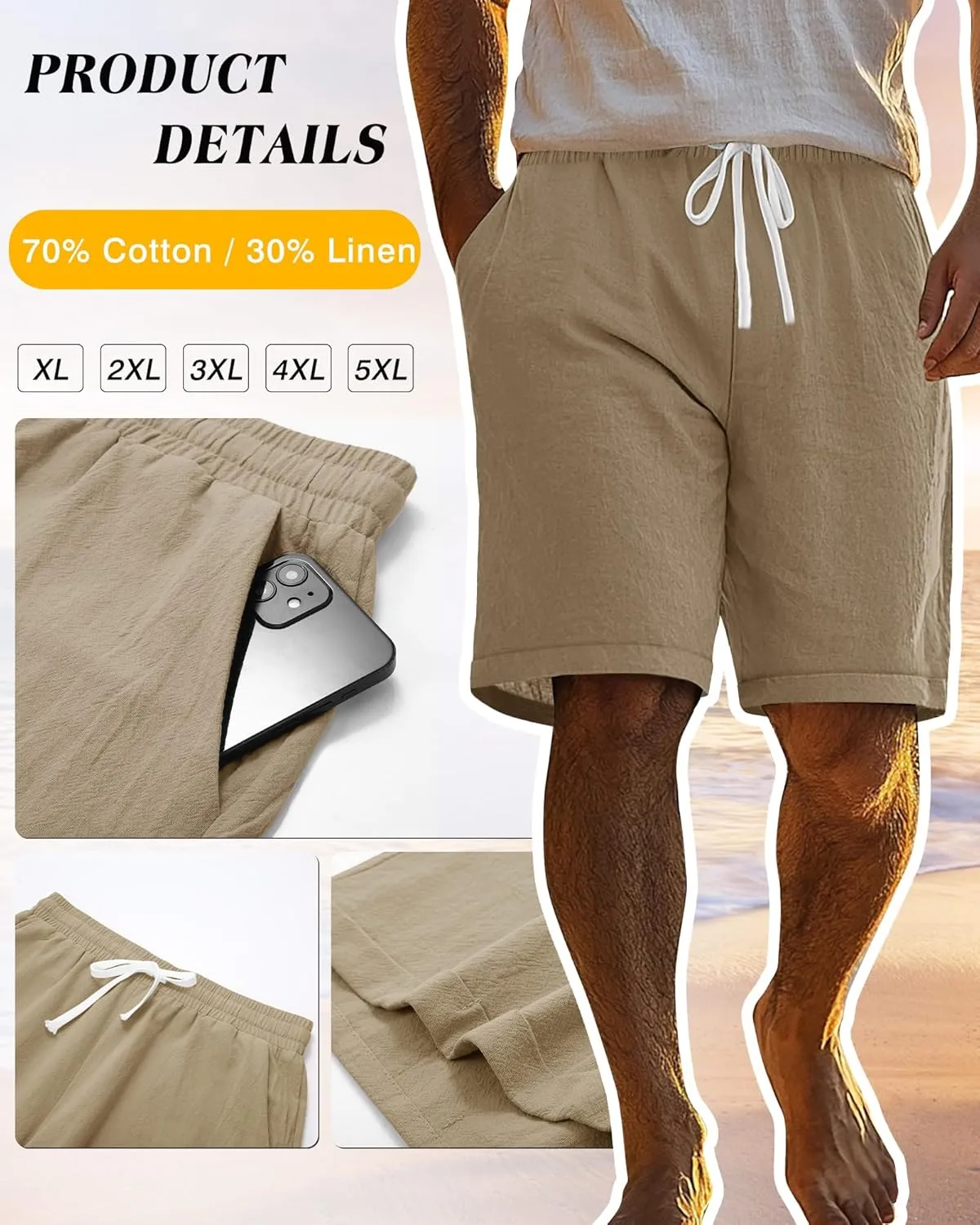 Ficerd 2 Pack Men's Big and Tall Linen Shorts Cotton Casual Elastic Waist Drawstring Summer Beach Shorts with Pockets