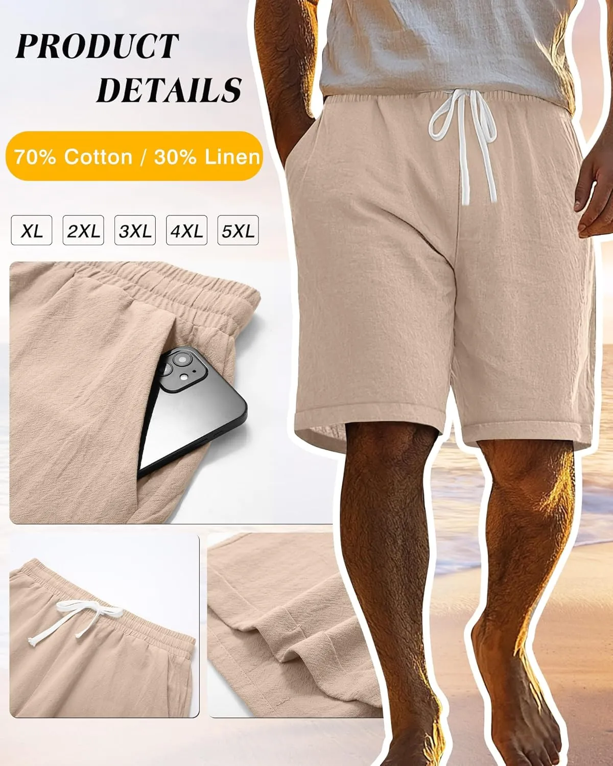 Ficerd 2 Pack Men's Big and Tall Linen Shorts Cotton Casual Elastic Waist Drawstring Summer Beach Shorts with Pockets