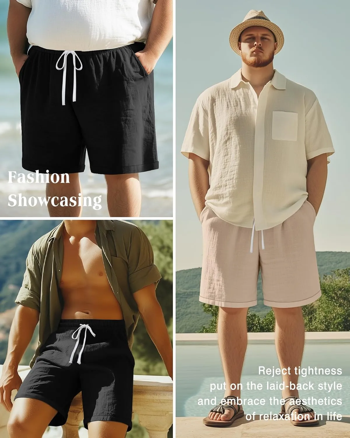 Ficerd 2 Pack Men's Big and Tall Linen Shorts Cotton Casual Elastic Waist Drawstring Summer Beach Shorts with Pockets