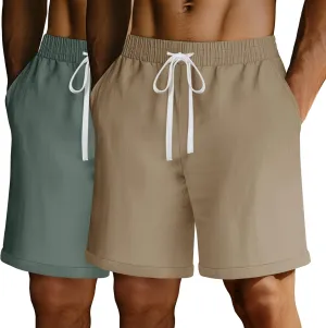 Ficerd 2 Pack Men's Big and Tall Linen Shorts Cotton Casual Elastic Waist Drawstring Summer Beach Shorts with Pockets