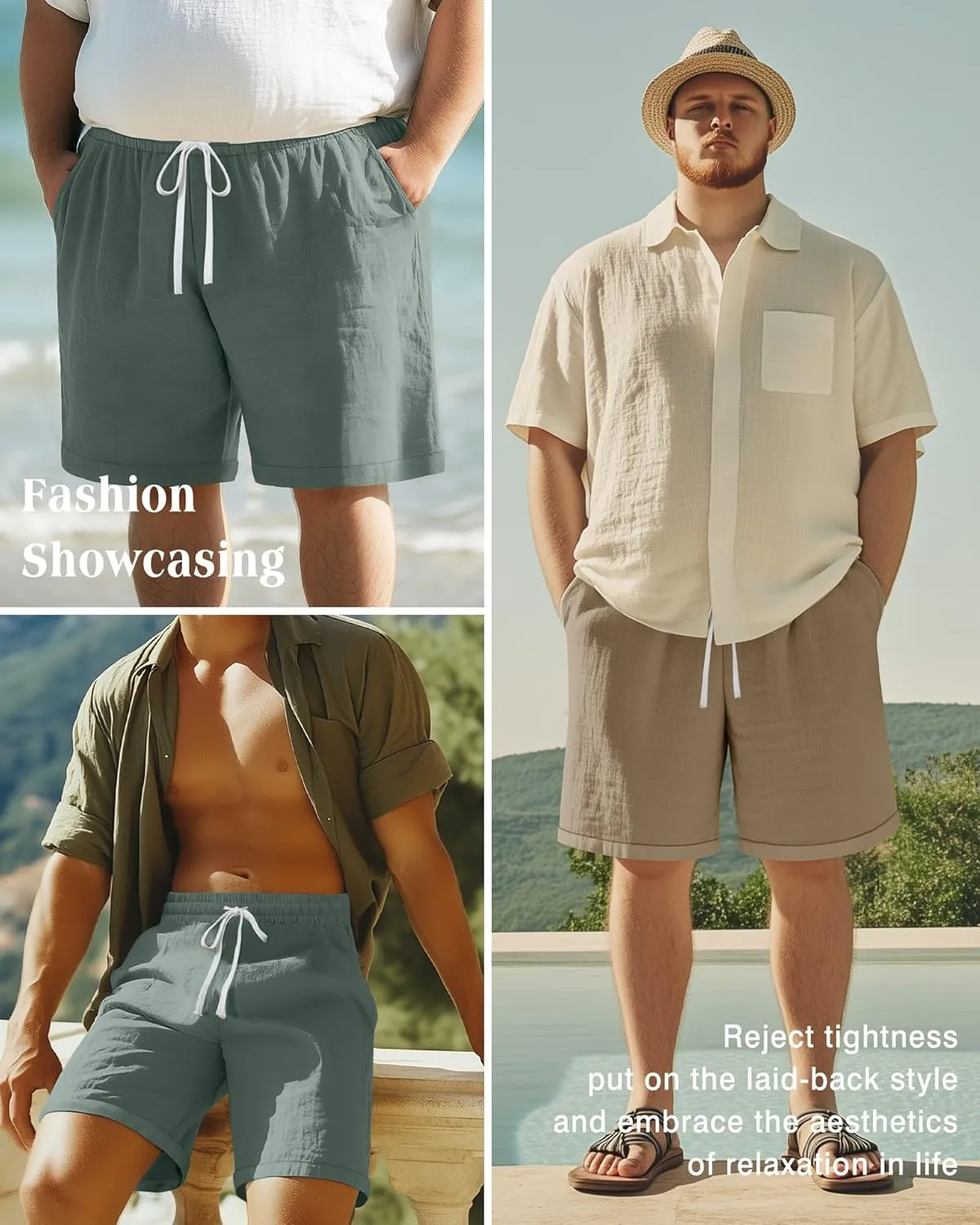 Ficerd 2 Pack Men's Big and Tall Linen Shorts Cotton Casual Elastic Waist Drawstring Summer Beach Shorts with Pockets
