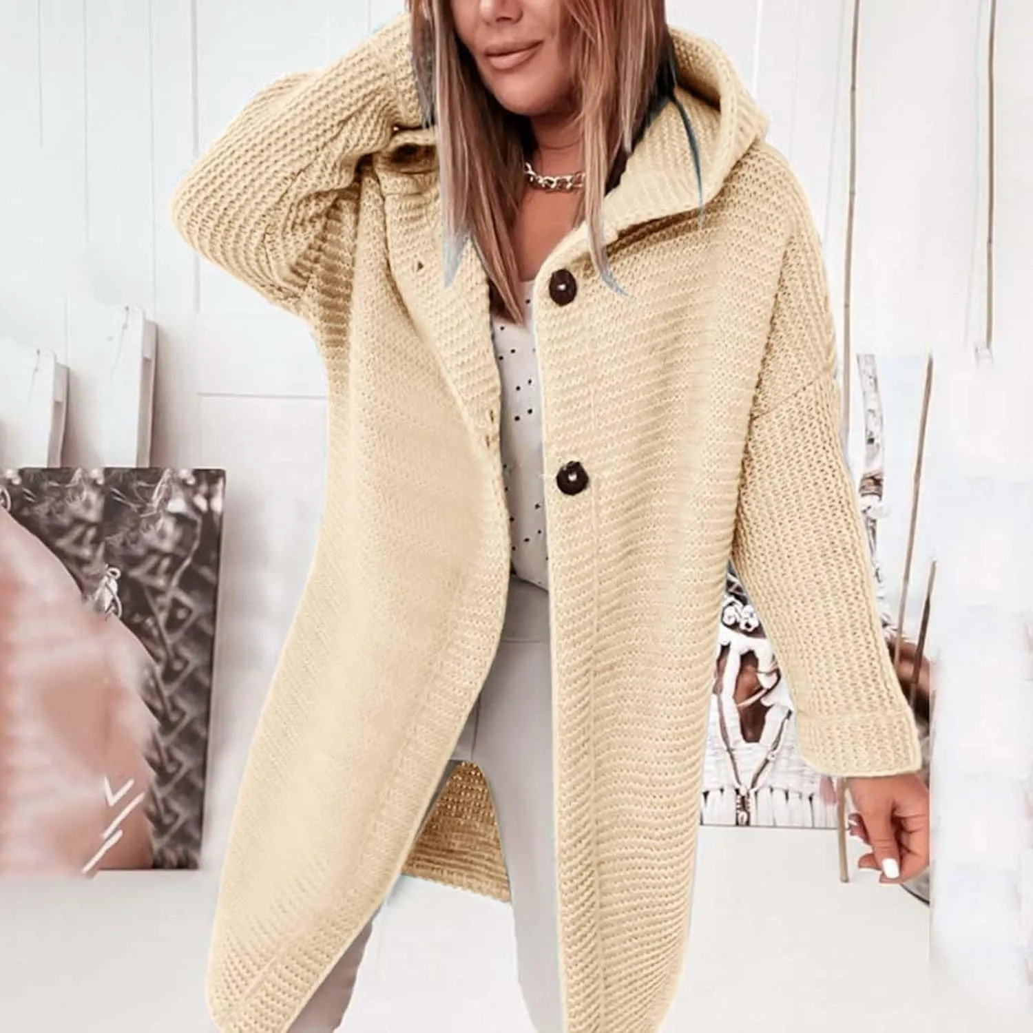 iLH Cardigan Sweaters for Women Casual Loose Open Front Sweater Coats Chunky Cable Knit Coat Fall Winter Hooded Outwear