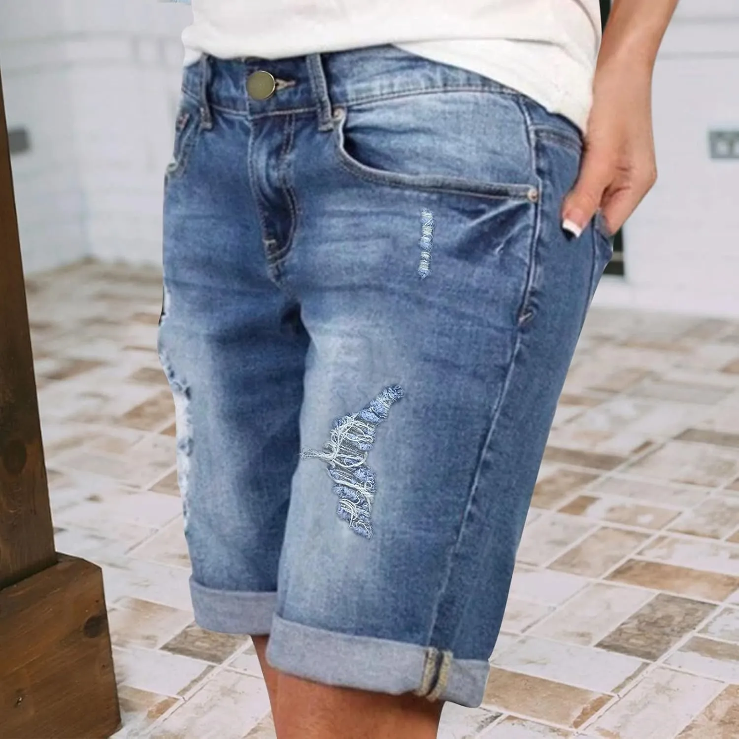 Jean Shorts Womens Stretchy High Waisted Ripped Denim Shorts Casual Trendy Distressed Cut Off Shorts Bermuda Biker Shorts
