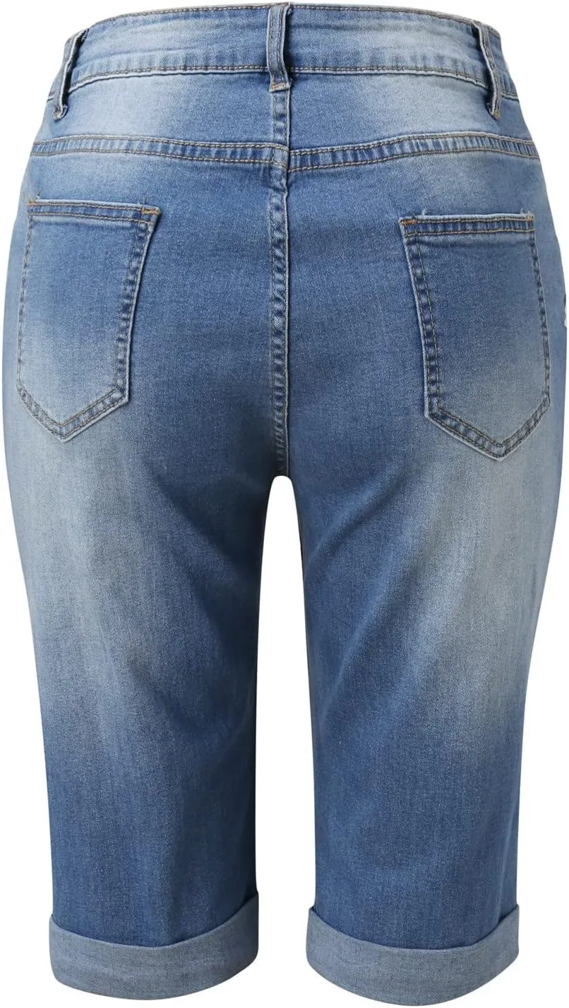 Jean Shorts Womens Stretchy High Waisted Ripped Denim Shorts Casual Trendy Distressed Cut Off Shorts Bermuda Biker Shorts