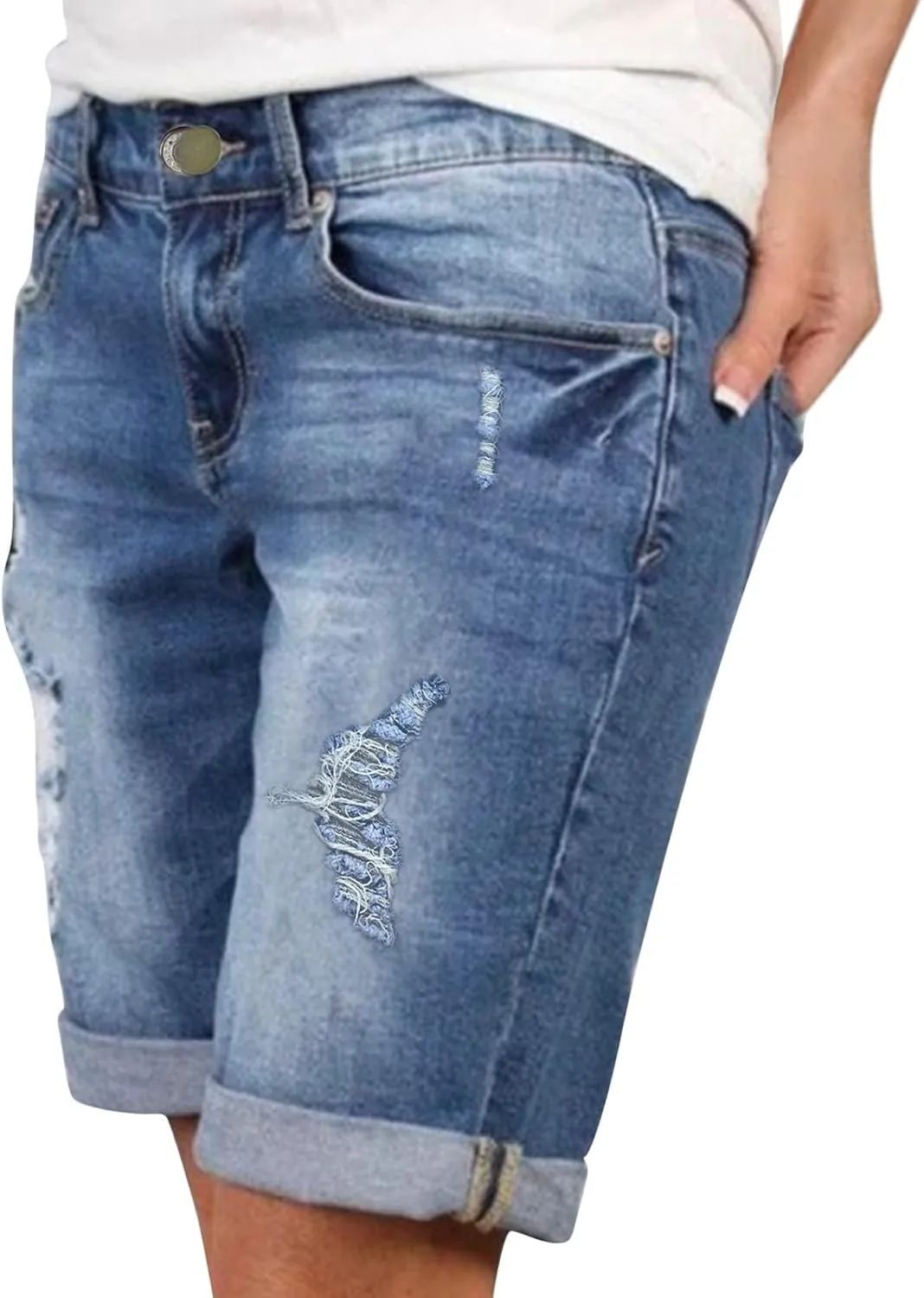 Jean Shorts Womens Stretchy High Waisted Ripped Denim Shorts Casual Trendy Distressed Cut Off Shorts Bermuda Biker Shorts