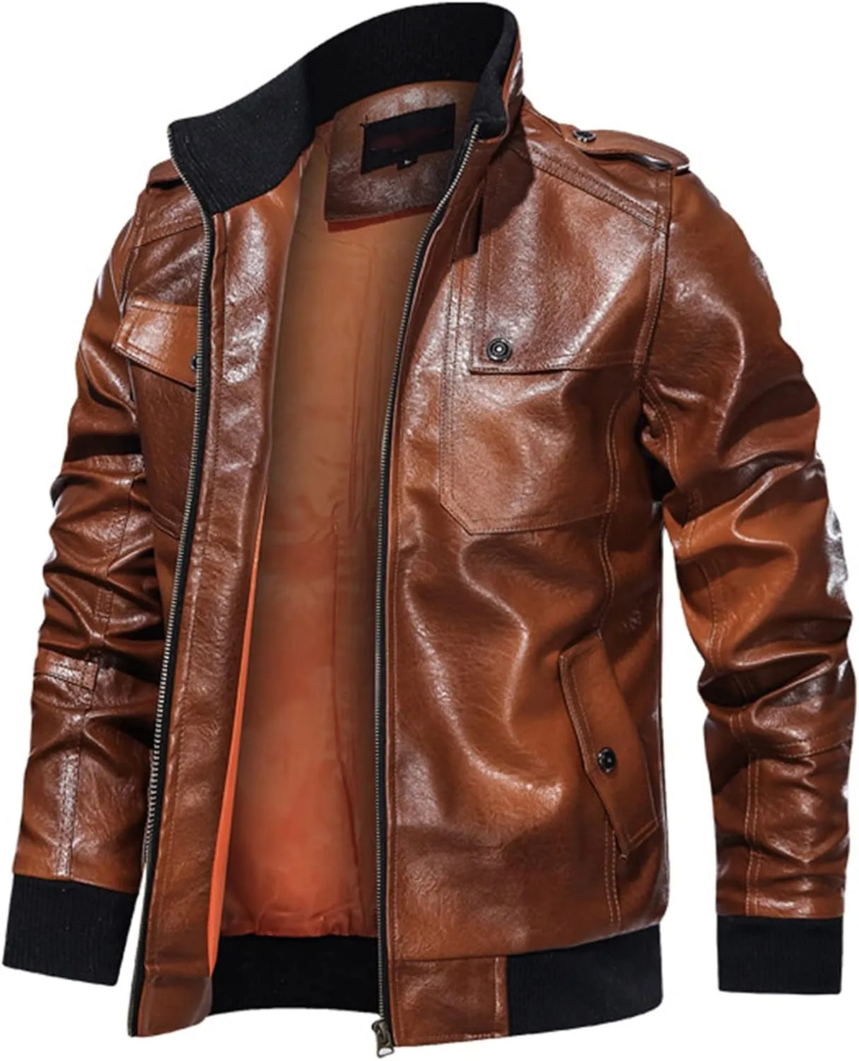JEsilunmaMY Plus Size Leather Jackets for Men Full Zip Stand Collar Motorcycle Bomber Jacket Casual Moto Biker Cardigan Coat