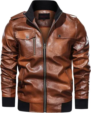 JEsilunmaMY Plus Size Leather Jackets for Men Full Zip Stand Collar Motorcycle Bomber Jacket Casual Moto Biker Cardigan Coat
