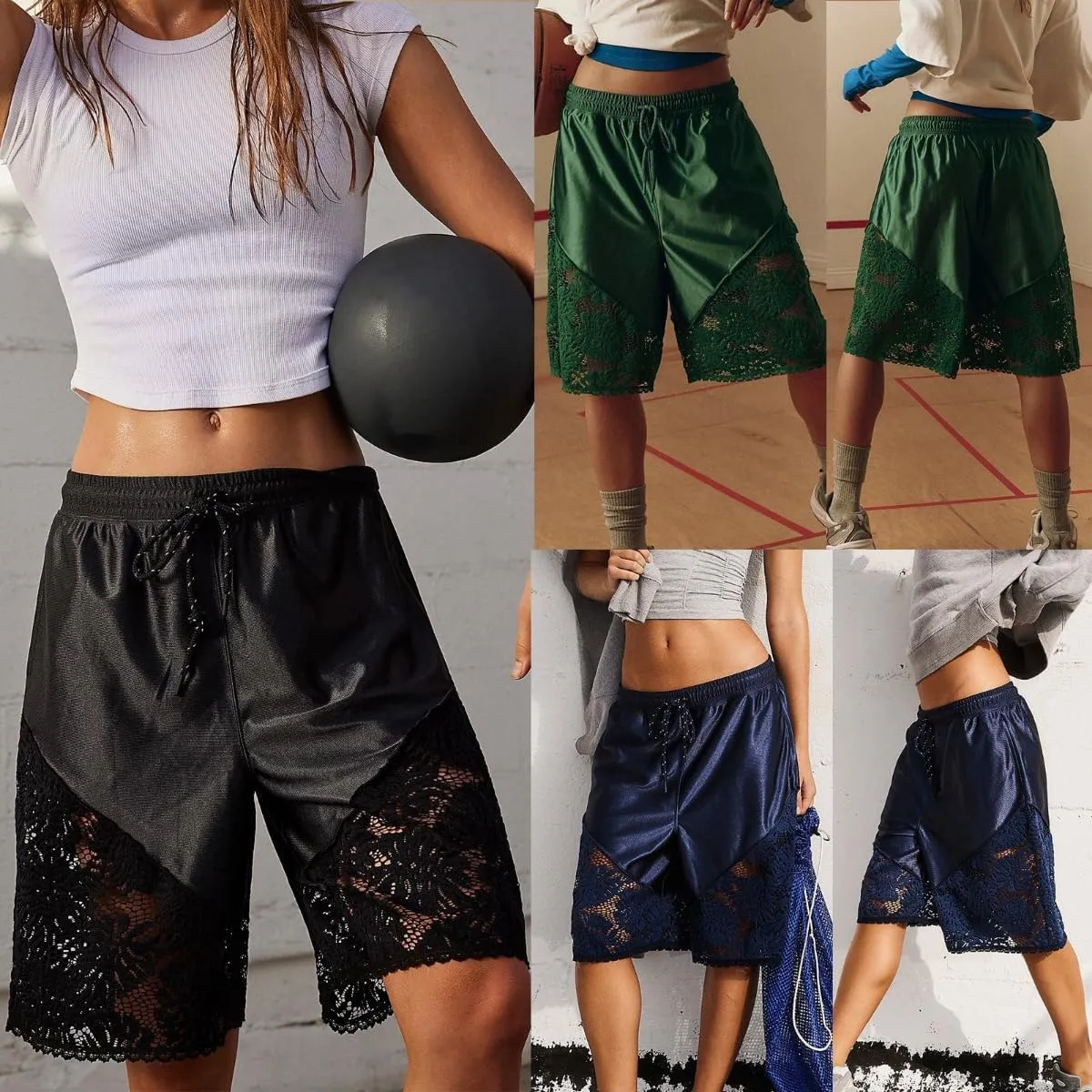 Lace Satin High Waisted Bermuda Shorts Cute Basketball Shorts Y2k