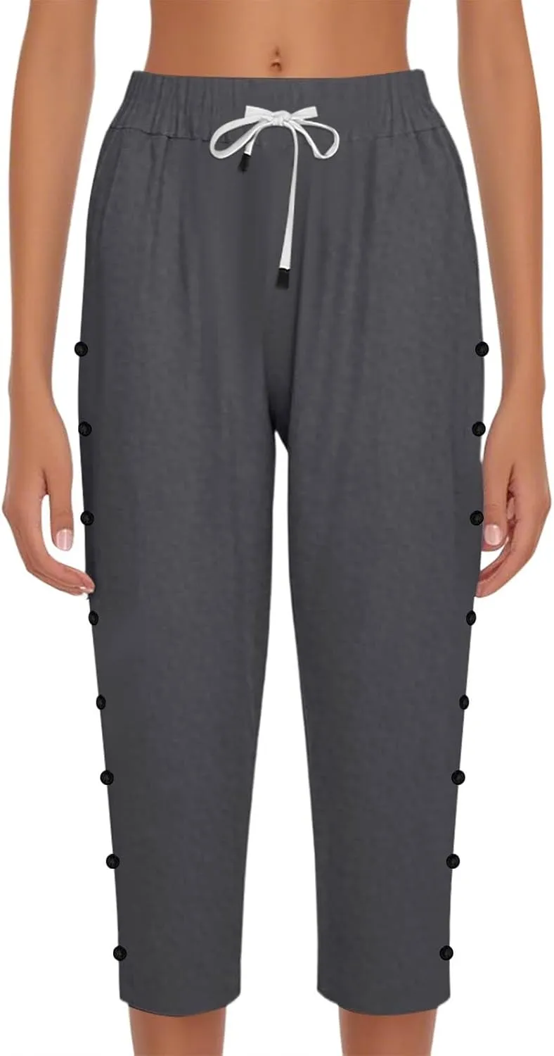 Linen Capri Pants for Women Casual Summer Capris Drawstring High Waist Pants Wide Leg Cropped Trousers