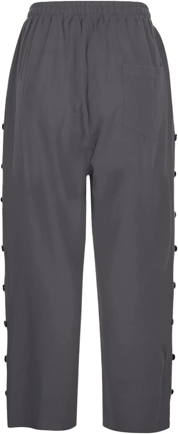 Linen Capri Pants for Women Casual Summer Capris Drawstring High Waist Pants Wide Leg Cropped Trousers