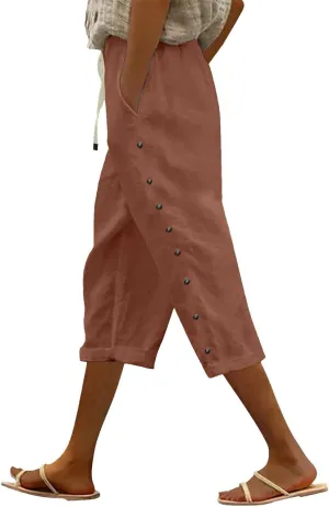 Linen Capri Pants for Women Casual Summer Capris Drawstring High Waist Pants Wide Leg Cropped Trousers