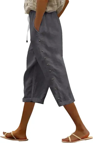 Linen Capri Pants for Women Casual Summer Capris Drawstring High Waist Pants Wide Leg Cropped Trousers