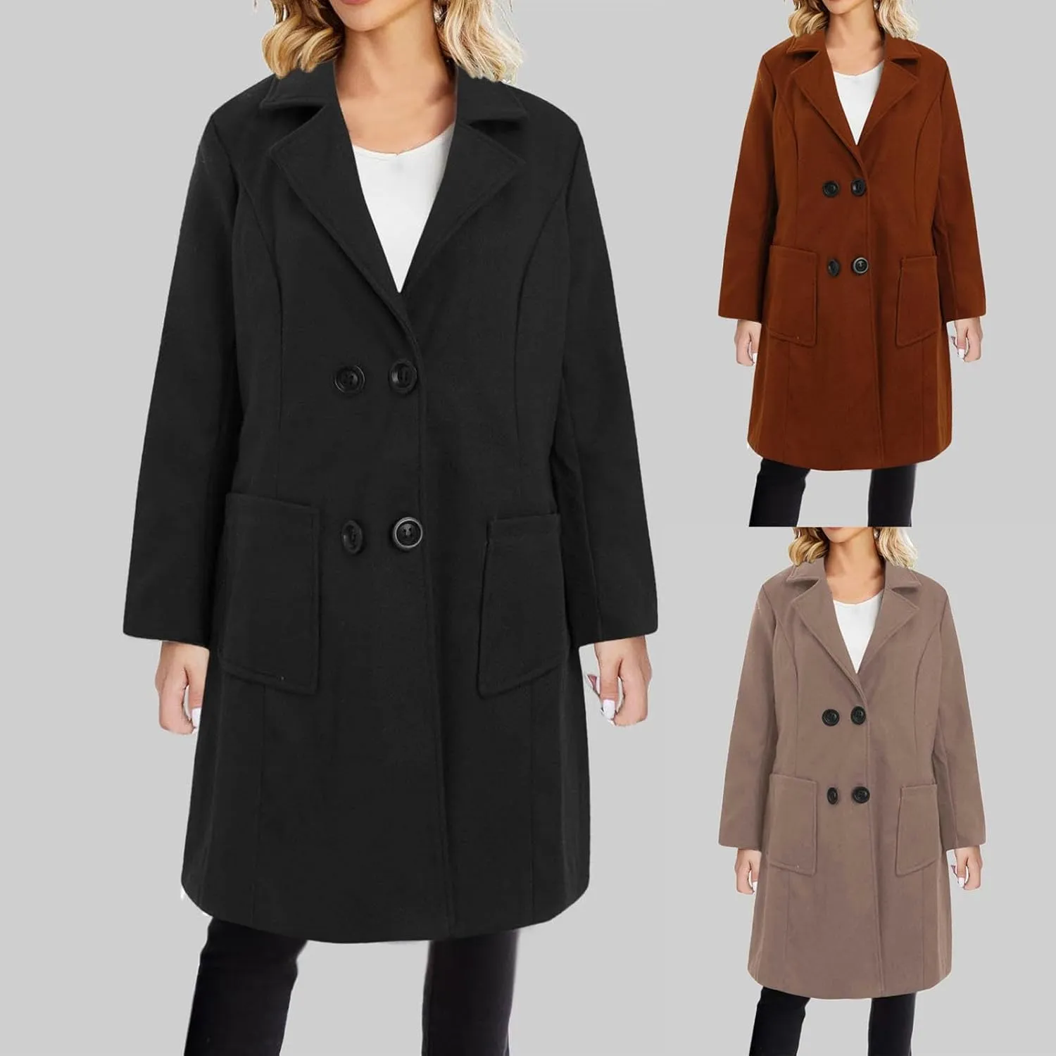 maisdgop Womens Trench Coat Fashion Long Sleeve Open Front Windbreaker Winter Warm Lapel Wool Blend Outerwear with Pockets
