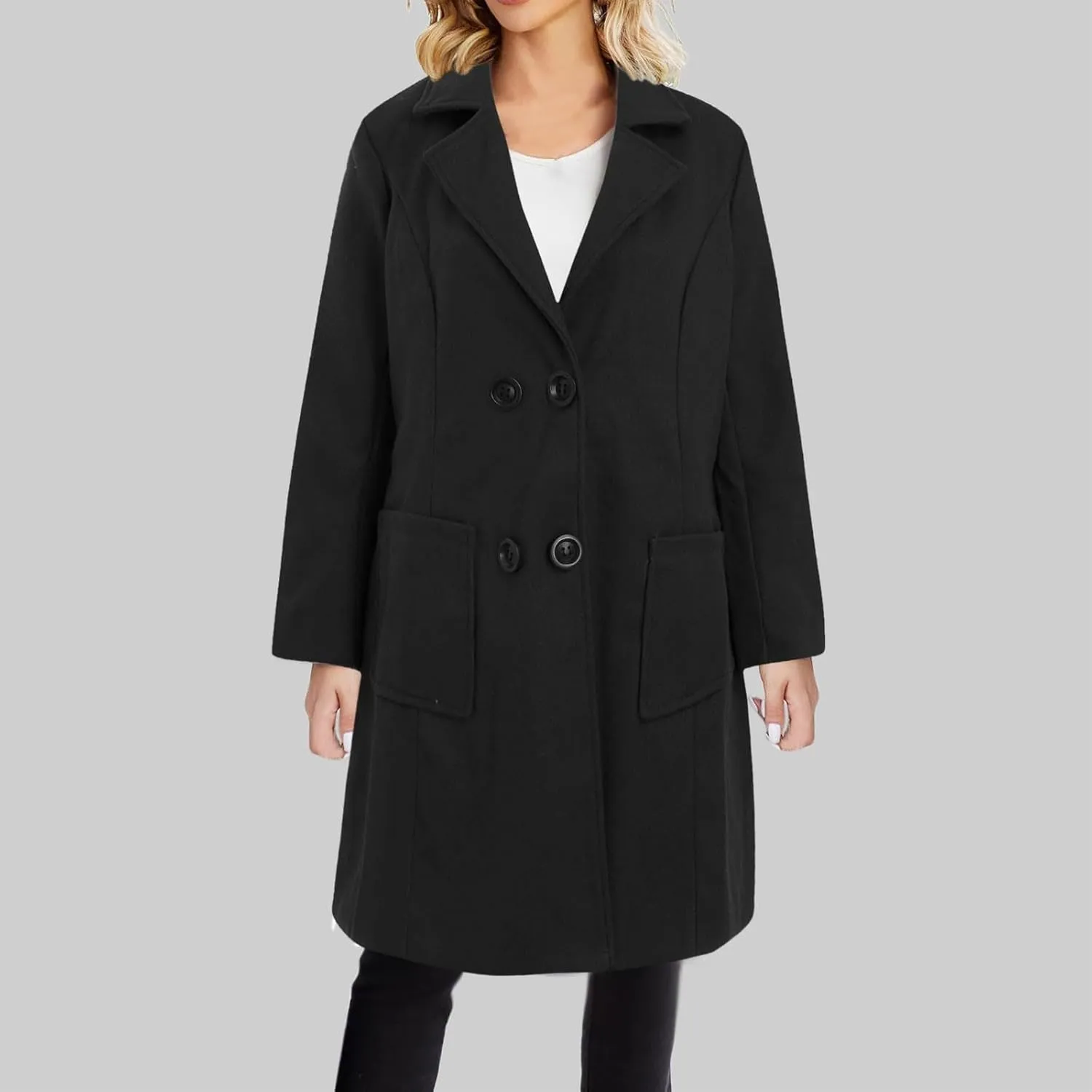 maisdgop Womens Trench Coat Fashion Long Sleeve Open Front Windbreaker Winter Warm Lapel Wool Blend Outerwear with Pockets