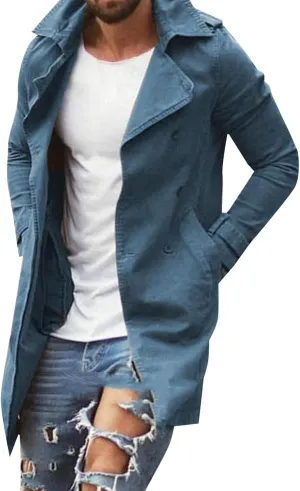 Men's Casual Trench Coat Slim Fit Notched Collar Men's Lengthened Prom Jacket Long Jacket Overcoat Coat with Pockets
