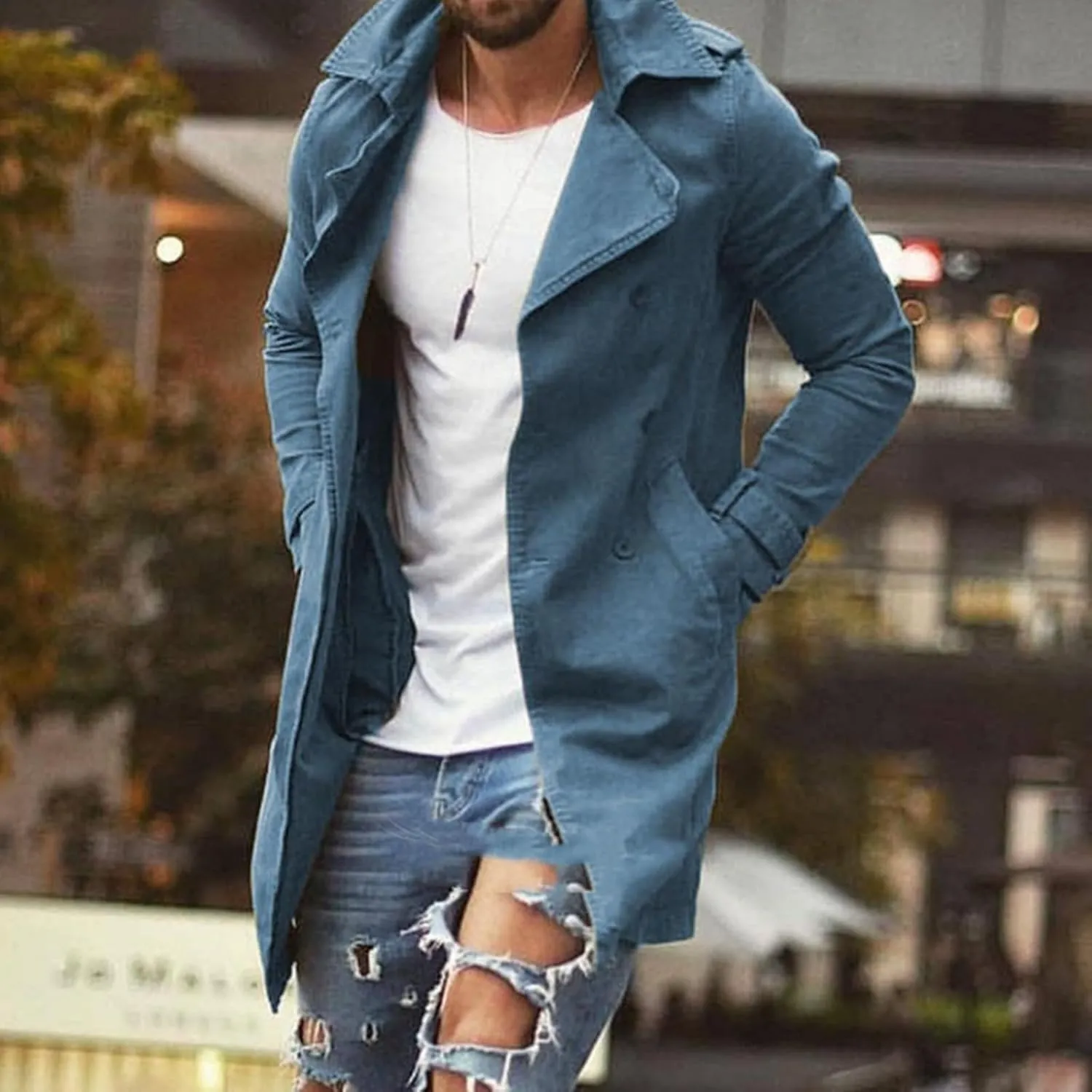 Men's Casual Trench Coat Slim Fit Notched Collar Men's Lengthened Prom Jacket Long Jacket Overcoat Coat with Pockets