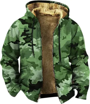 Mens Sherpa Lined Fleece Zipper Hoodie with Print, Camouflage Hoodie, Lined for Comfort, Long Sleeve Sweatshirt